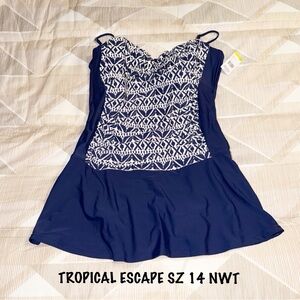 Tropical Escape Navy & White Patterned One-Piece Swim Dress NWT SZ 14